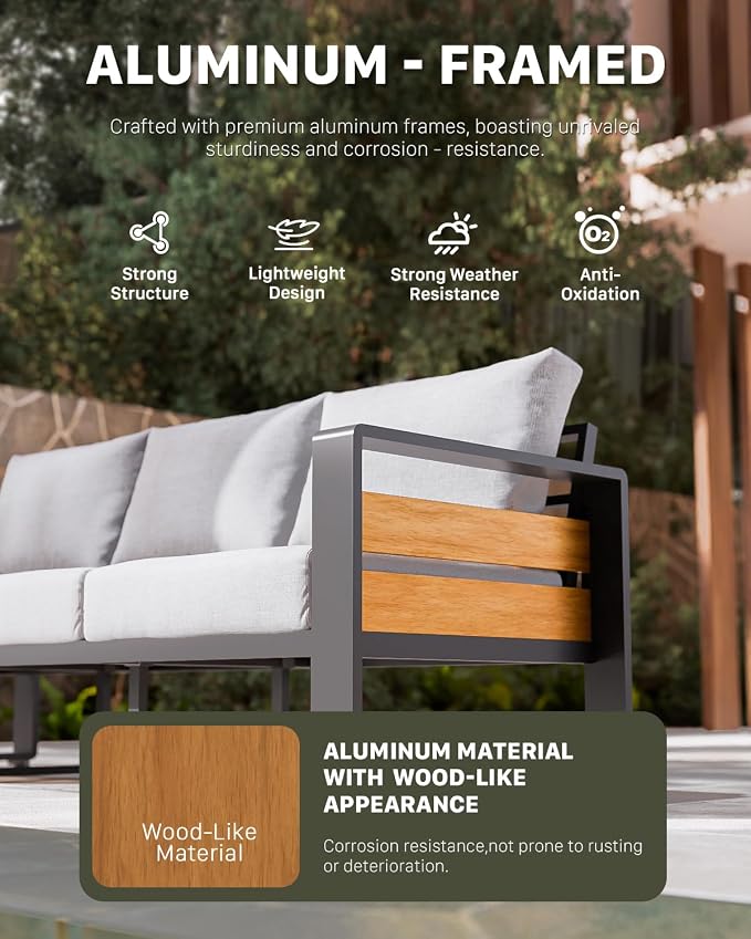 ZANDOR Aluminum Outdoor Patio Furniture Set with Coffee Table, 4 Seats Patio Conversation Sets with Washable Thick Cushions, Outdoor Sectional for Porch, Backyard, Deck, Garden & Poolside, Grey