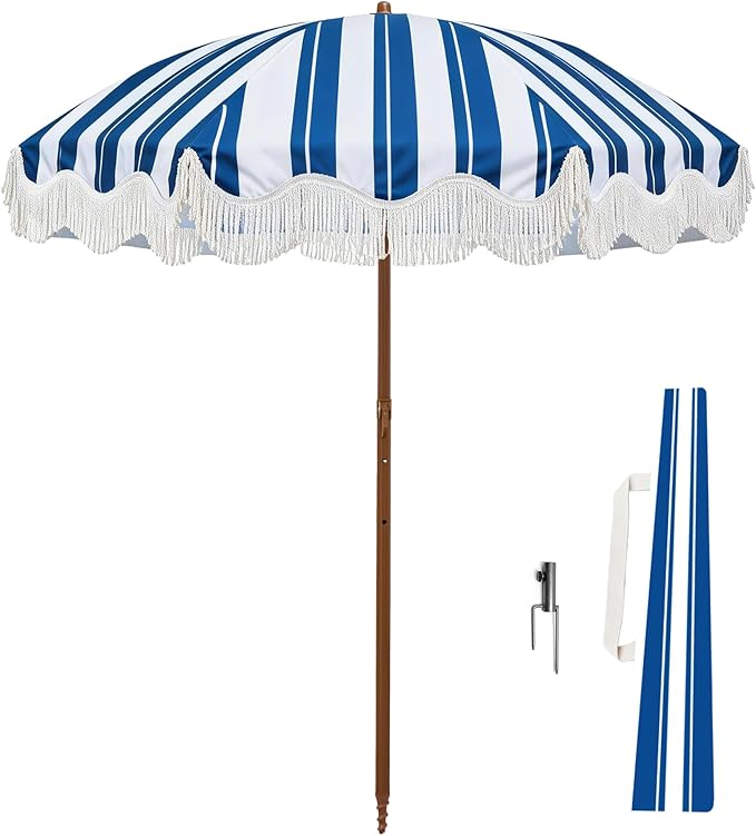 Rayjee 6.5FT Patio Umbrella with Fringe, UV Protection Beach Umbrella with Tilt & Adjustable Height, Includes Carry Bag & Ground Stake, Outdoor Umbrella for Pool, Garden, Backyard