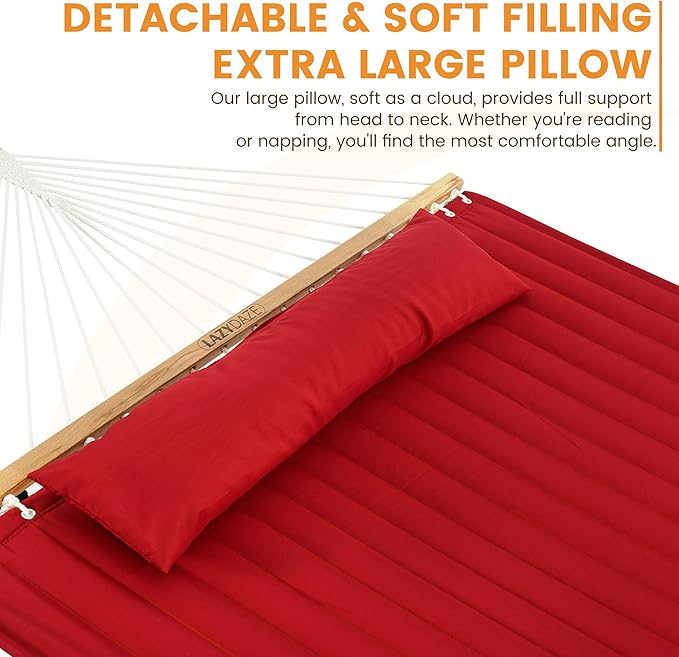 Lazy Daze Hammocks 2 Person Double Quilted Fabric Hammock with Spreader Bar, Detachable Pillow, Side Pocket, Carabiners, Chains, Straps for Outdoor, 450lbs Capacity, Burgundy