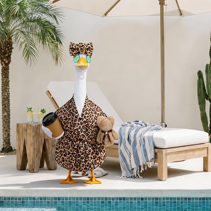 Celltestria Lady Goose Outfits for 23" Geese Bathrobe Brown Leopard Porch Goose Costume Coffee Cup Bear Cucumber Eye Mask Goose Clothes for Outdoor Patio Yard Lawn Garden Decoration