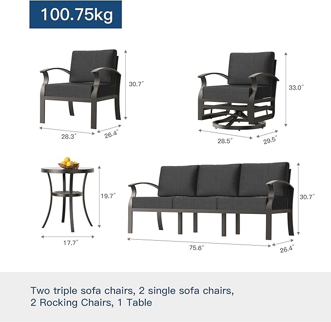 Kullavik Aluminum Patio Furniture Set with Rectangular Coffee Table,10-seat Metal Outdoor Sectional Furniture w/5.1" Cushions,Patio Conversation Sets with Swivel Chairs for Garden,Backyard,Porch-Black
