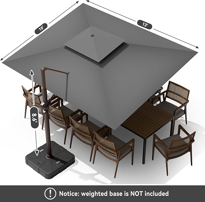10 X 13 FT Cantilever Outdoor Patio Umbrella with LED Lights Large Heavy Duty 360° Rotation Double Top Offset Rectangular Umbrellas for Backyard Garden Pool Outside Deck, Grey
