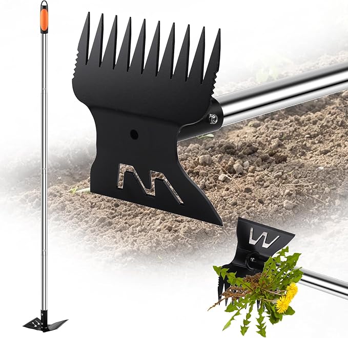 Larger Weed Puller Tool with Long Handle, Heavy Duty 10 Teeth Weed Rake & Hoe Garden Tool for Weeding, 57" Garden Hoe Weed Remover Tool with Detachable Handle, Manual Weeder for Garden Yard Lawn Patio