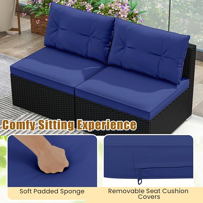 5 Pieces Patio Furniture Set, Outdoor Sectional Sofa with Acacia Wood Coffee Table & Cushions, Wicker Patio Conversation Set for Porch, Deck, Balcony, Poolside & Backyard (Navy Blue)