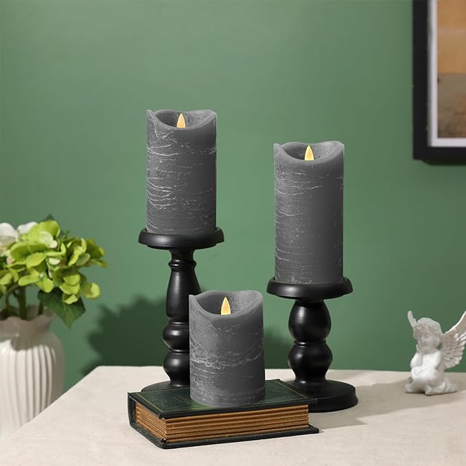 Real Wax Flameless Candles Set of 3 (D 3" x H 4" 5" 6") Battery Operated LED Candle with Timer Home Decorative Pillar Flickering Lights,Wedding Party Events Decor,Grey