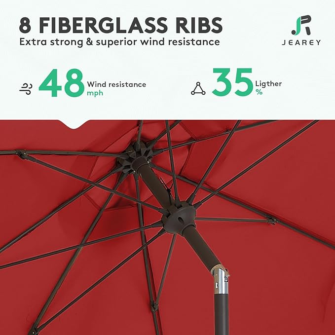JEAREY 9FT Outdoor Patio Umbrella,Market Table Umbrella with 8 Fiberglass Ribs, Pool Umbrella with Tilt and Crank, UV Protection Lightweight & Wind-Resistant for Lawn, Garden, Deck and Backyard, Red