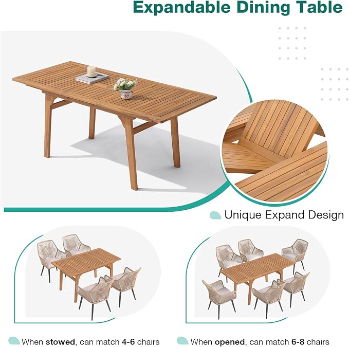 Patiorama 7-Piece Dining Set, Outdoor Dining Table Chair Set, Patio Wicker Dining Table Chair Set with 55"-71" Acacia Wood Expandable Table & Twisted Rattan Chairs for Yard Garden(Tan & Cross Back)