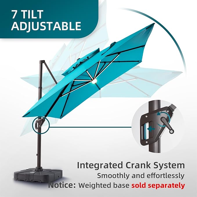9 X 12 FT Cantilever Patio Umbrella with Led Lights Heavy Duty Outdoor Double Top Large Rectangle Offset Umbrellas with 360-degree Rotation for Garden Pool Deck Backyard, Turquoise