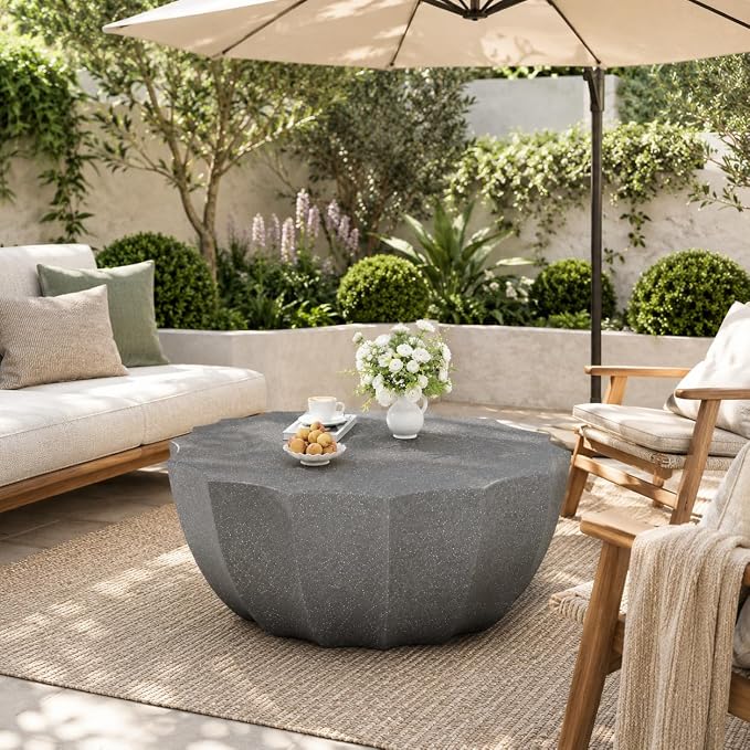 35.43" Concrete OutdoorTable,Modern Round Outdoor Coffee Table,Waterproof Stone Coffee Table for Patio for Terraces, Gardens, Backyards and Living Rooms (Grey, 35.43")