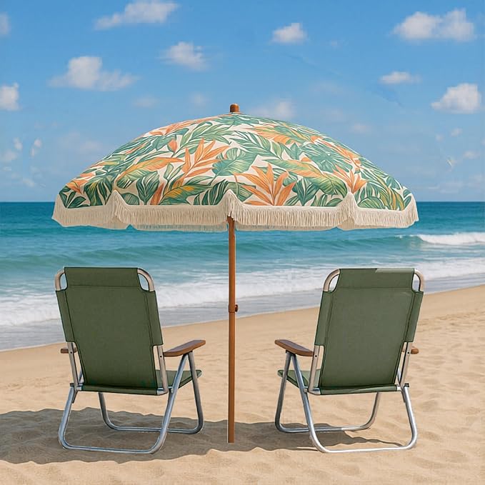 6 Ft Fringe Patio Umbrella - Outdoor Umbrella for Patio, Pool, Table, Garden, Deck, Beach, and Outdoors - Fashionable Boho Vintage Tassels & Wood Print - Push Button Tilt Pole
