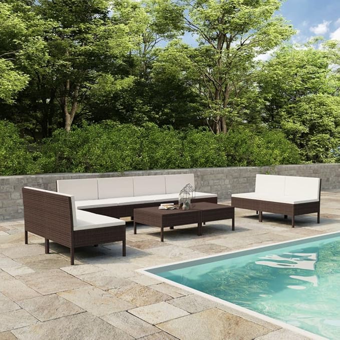 Patio Lounge Set with Cushions,Outdoor Patio Furniture,Outdoor Chat Conversation Set,Garden Furniture Sets,for Patio,Backyard,Garden,Outdoor,10 Piece Poly Rattan Brown