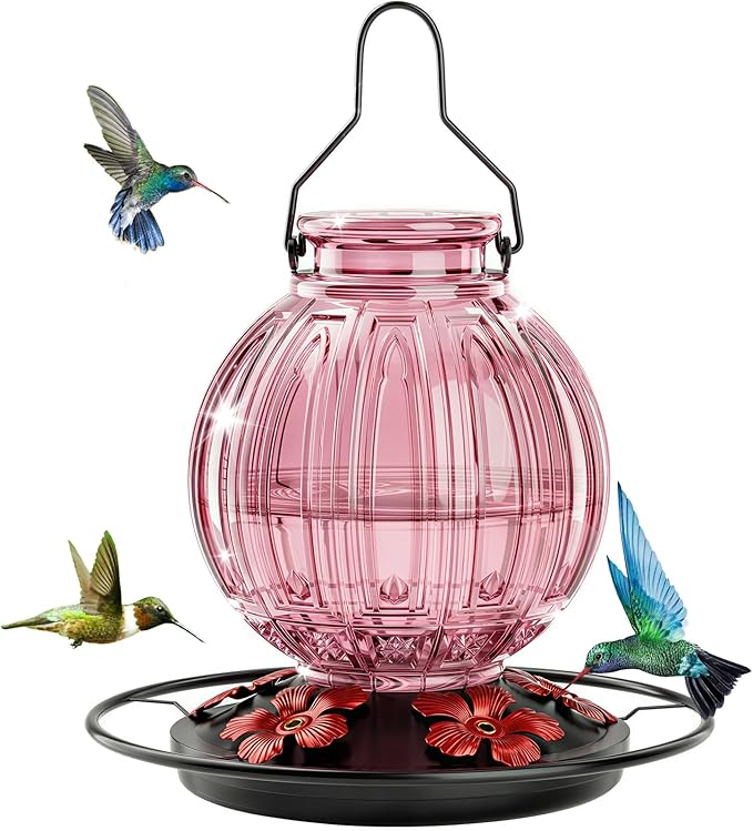 Glass Hummingbird Feeder for Outdoors Hanging, Bird Nectar Feeder with Perch & 5 Flower Feeding Ports, 26 Oz Leak Proof for Outside Garden Decor Backyard, Gifts for Women Mom, Pink