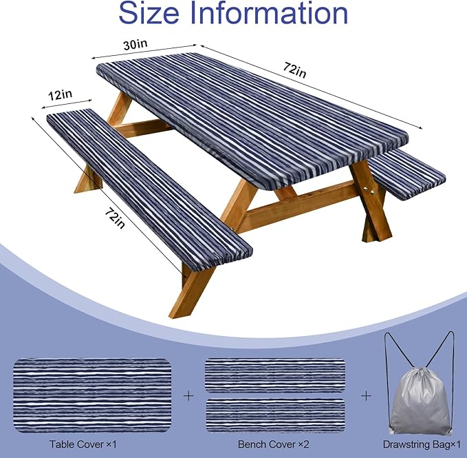Picnic Table Cover with Bench Covers Camping Essentials Waterproof Windproof Camping Tablecloth with Drawstring Bag, Fitted Rectangle Tables and Seats, 72in, Navy Blue Stripes