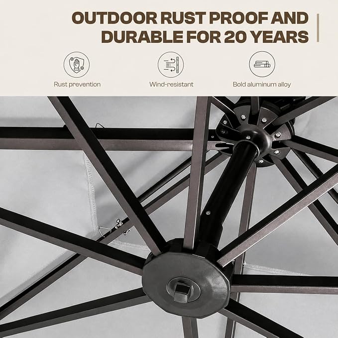 Kingdura 9ft Cantilever Patio Umbrella with Base Included & Solar Lights, Large Round Metal Outdoor Offset Umbrella with 360-degree Rotation, 4 Position Tilt, UV Protection for Pool Deck Patio (Light grey)