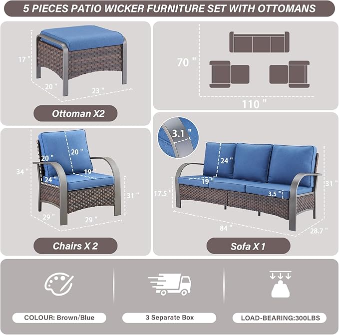 Belord 5 Piece Outdoor Wicker Furniture Set, High Back Deep Seating Patio Sofa Set with Metal Armrests Rattan Chairs, and Ottomans for Porch Deck Sunroom Backyard
