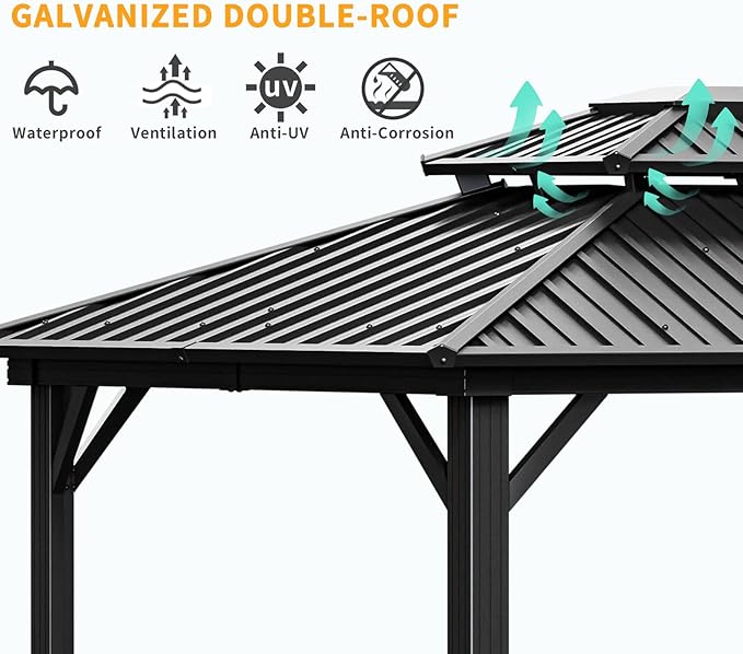 HOTEEL 10x12 Hardtop Gazebo on Clearance with Heavy Duty Galvanized Steel Double Metal roof,Aluminum Frame,Patio Hard Top Screened in Gazebo with Curtains,Outdoor Permanent Pavillon for Backyard,Gray
