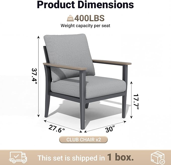 Aluminum Patio Chairs Set of 2, Modern Outdoor Armchairs with Wood-Like Armrests & 5.1" Thick Cushions, Wide Seat Balcony Furniture for Porch, Deck, Gray