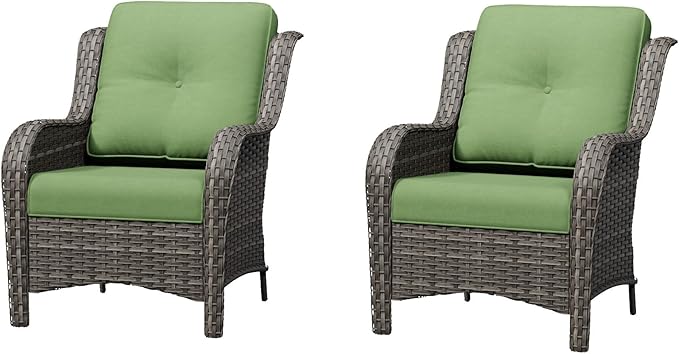 Patio Chairs Set of 2, Outdoor Wicker Patio Furniture Set with Thickened Olefin Cushions, High Back and Deep Seating, Wide Curved Armrest Hand-Woven PE Rattan for Porch, Deck, Green