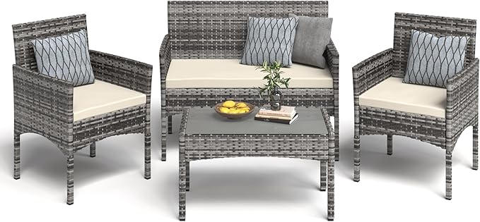 4 Pieces Patio Furniture Set, Outdoor Wicker Rattan Patio Conversation Furniture Set with Waterproof Cushion and Table for Lawn Poolside Backyard Garden Balcony Porch