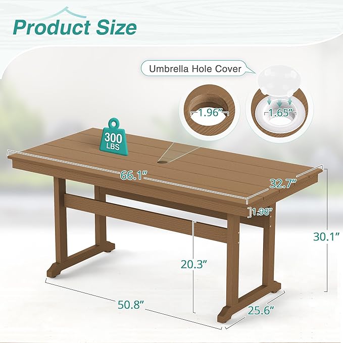 Rectangle Outdoor Dining Tables for 6, HDPS Weather Resistant Patio Dining Table, 66" Outdoor Tables with 1.96" Umbrella Hole for Porch, Balcony, Backyard, Light Brown