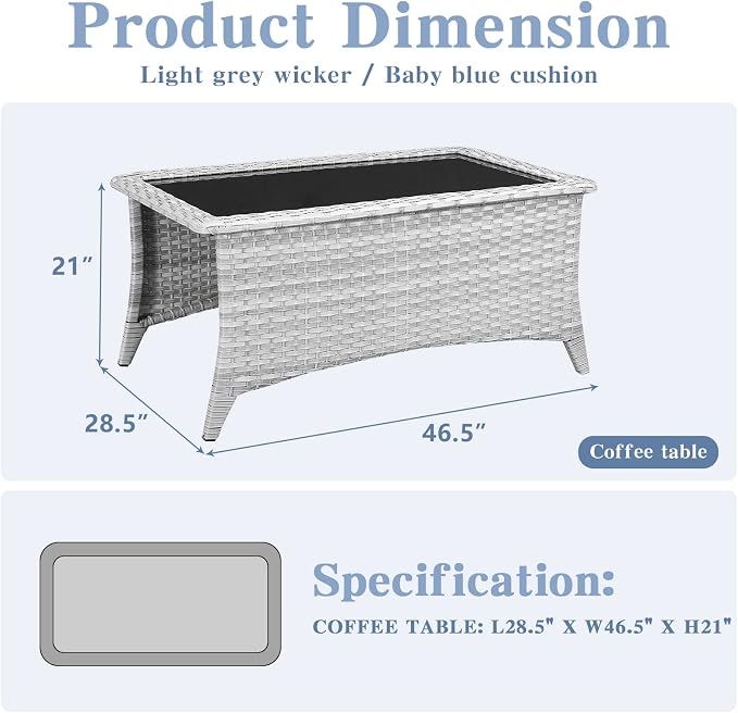 Belord Modern Light Grey Wicker Patio Coffee Table, Rectangular Glass Top, 1 PC - Coffee Table (A077)