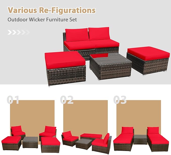 Tangkula 5 Piece Wicker Lounge Chair Set, with Tempered Glass Coffee Table, Outdoor Conversation Sets w/Washable Zippered Cushions, Includes 2 Armless Sofas, 2 Ottomans and 1 Side Table (Red)