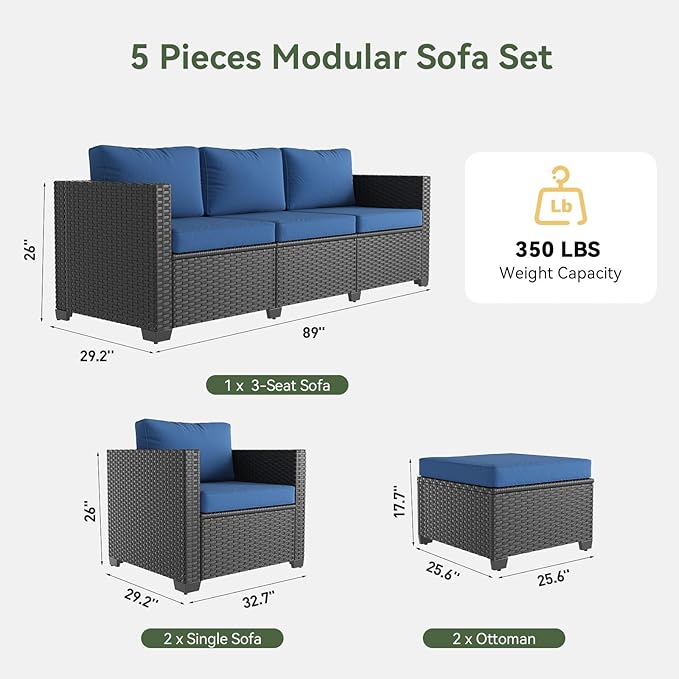 Aoxun Patio Furniture Set, 5 Piece Outdoor Sectional Sofa with Ottomans, Wicker Outdoor Furniture Conversation Sets with Waterproof Cover for Backyard Navy Blue