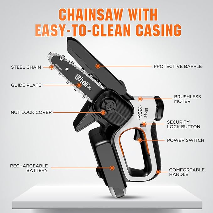 Litheli 20V Mini Chainsaw 6 inch Brushless Handheld Chainsaw Cordless with 2.0Ah Battery & Cable, 450W 24.6ft/s Fast Cut, Auto-Oiling Small Electric Chain Saw for Wood Cutting, Yard, Garden Gift