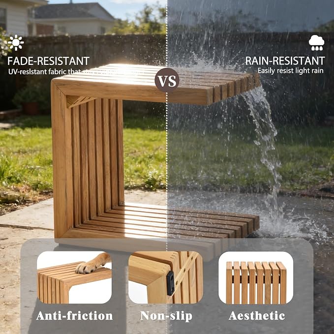 OTSUN Outdoor Side Table, Teak Wood Weather Resistant with Slatted Design Multi Purpose for Patio Balcony Backyard Garden
