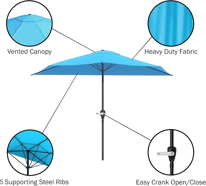 Half Umbrella Outdoor Patio Shade - 9 ft Patio Umbrella with Easy Crank - Small Canopy for Balcony, Table, or Deck by Pure Garden (Blue)