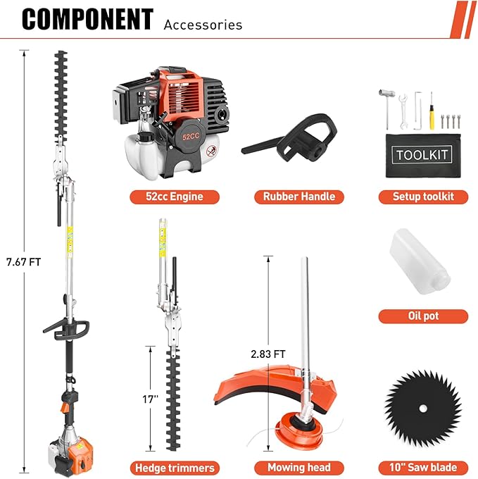 Baotree 52cc 3 in 1 Multi Functional Trimming Tools, 2-Stroke Brush Cutter Gas Powered,Gas Weed Eater Trimmer with 3 Detachable Trimming Heads for Weeds and Grass