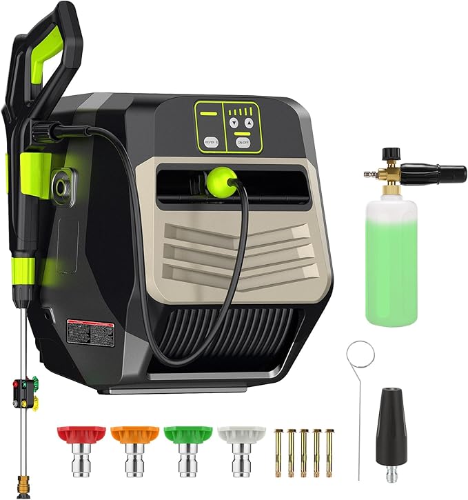 Wall Mounted Pressure Washer - Max 5500 PSI 3.6 GPM, 5 Levels Power Washer with 100FT Retractable Hose for Car/Driveway, Automatic Rewind, Any Length Lock, Black