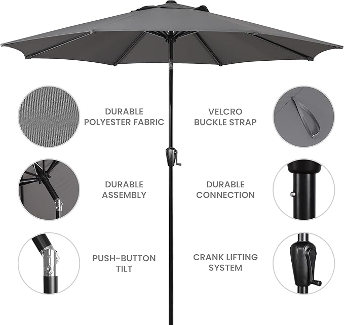 Sun-Ray 9' Round Patio Umbrella with Push-Button Tilt and Hand Crank Lift System, Market Umbrella for Porch, Deck, and Patio