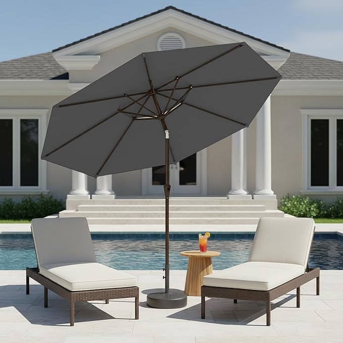 9ft 2-Tiers Patio Umbrella,Outdoor Market Table Umbrella with Push-Button Tilt & Crank | UV Protection,Suit for Backyard,Garden,Pool,Deck(Gray)