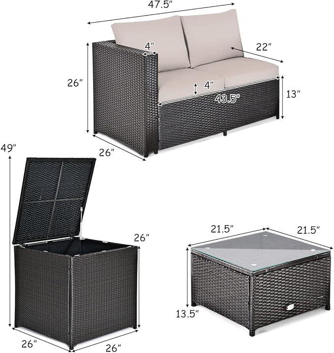 Tangkula 8 Piece Wicker Patio Set with Storage, All Weather-Proof Outdoor Conversation Set, with Loveseat, Glass Top Coffee Table & Storage Box, Suitable for Garden, Poolside, Sunroom (2, Brown)