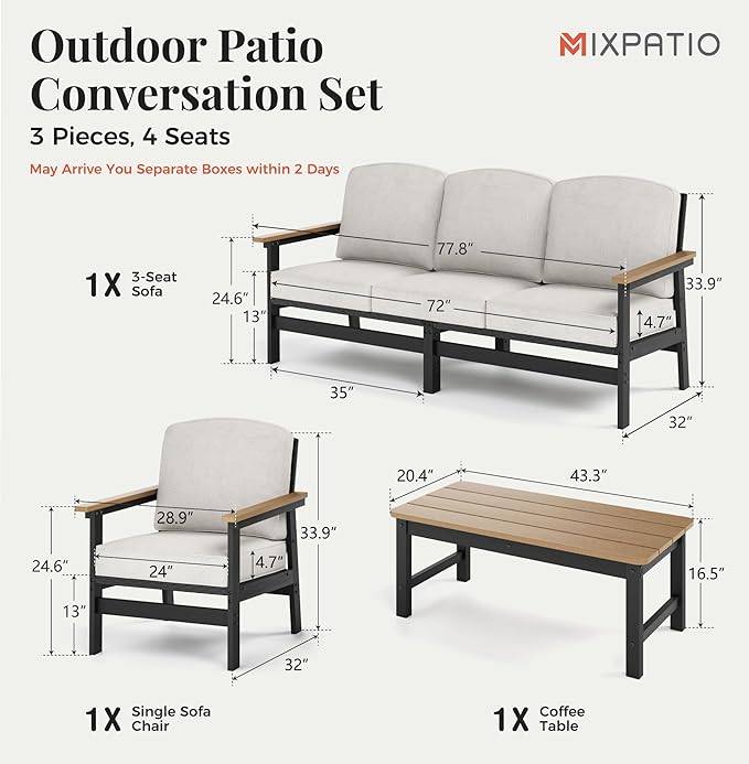 4-Piece HDPE Outdoor Patio Conversation Set, All-Weather Wicker Patio Furniture Set, Waterproof & UV-Resistant, Thick Cushions for Backyard, Deck, Garden, Porch, Balcony - Beige