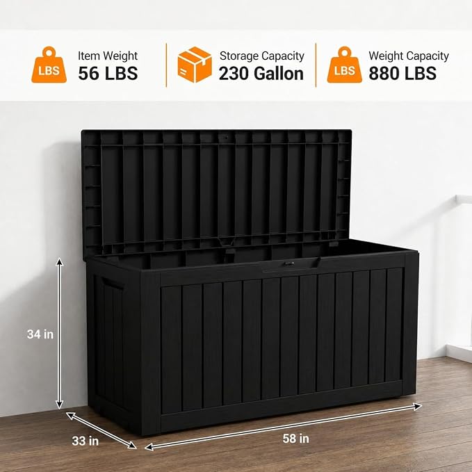LAUSAINT HOME 230 Gallon Resin Deck Box, Package Delivery Box with Lockable Lid, Waterproof Outdoor Storage Box For Garden Tools, Patio Cushions(230 Gallon,Black)