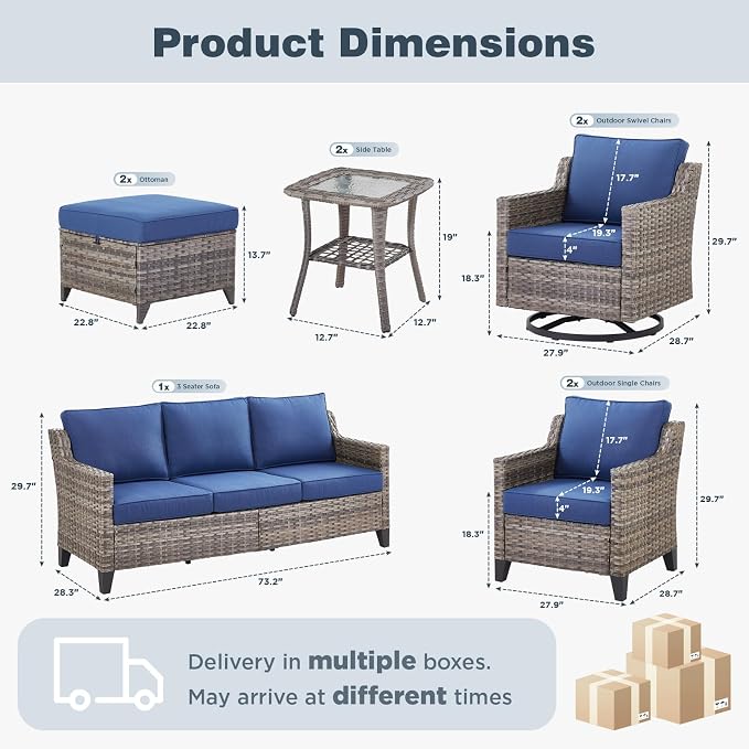 Belord Patio Wicker Swivel Rocker Patio Chairs with 3-Seater Sofa, Outdoor Rattan Chairs for Deck Porch Poolside, 9 Piece Patio Conversation Furniture Set,Blue