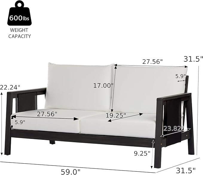 Christopher Knight Home Crew Acacia Wood Outdoor Loveseat and Coffee Table Set, 2 Piece Patio Furniture Set with Removable Cushion, Solid Wood Outdoor Conversation Set, Black+White