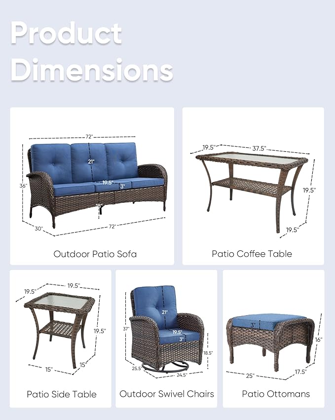 7 Pieces Patio Furniture-Swivel Patio Chairs Set of 2 Outdoor Wicker Rattan Sofa Couch with Ottoman Outdoor Conversation Set for Deck Porch Garden Balcony Poolside-Brown/Blue