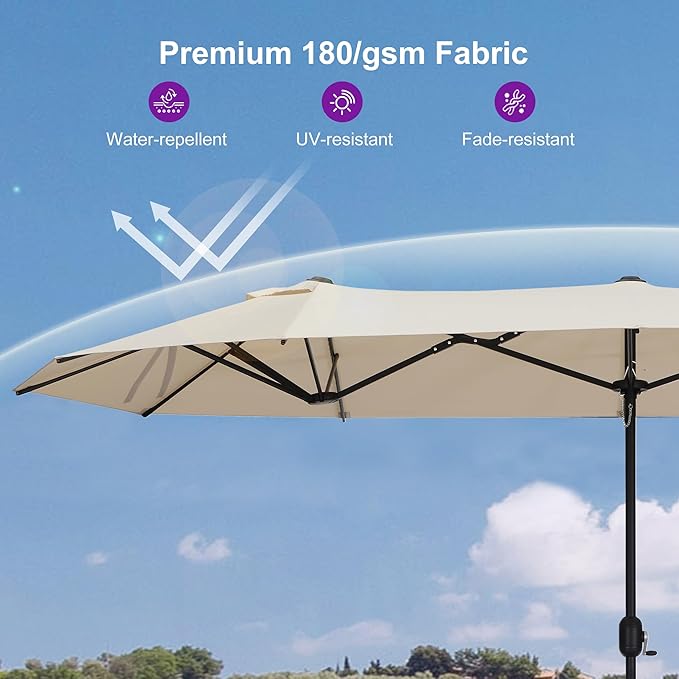 PURPLE LEAF 14ft Patio Market Umbrella with Base Double-Sided Rectangle Outdoor Table Sun Umbrellas with Crank 12 Heavy Duty Sturdy Ribs for Pool Beach Deck Backyard Khaki