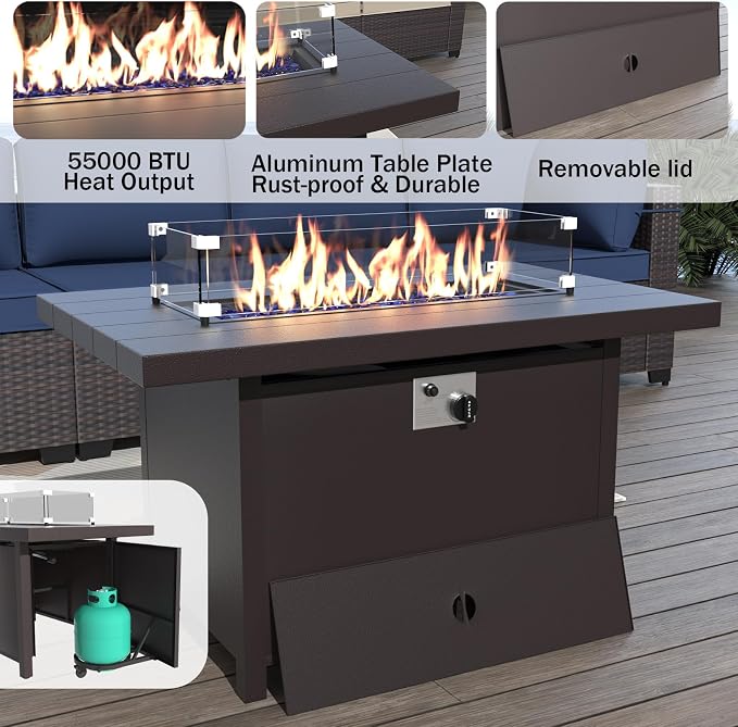ALAULM 15 Pieces Patio Furniture Set with Aluminum Fire Pit Table Outdoor Furniture Sets 55000BTU Gas Fire Pit Brown PE Rattan Wicker Patio Conversation Sets w/12 Cushions (Dark Blue)
