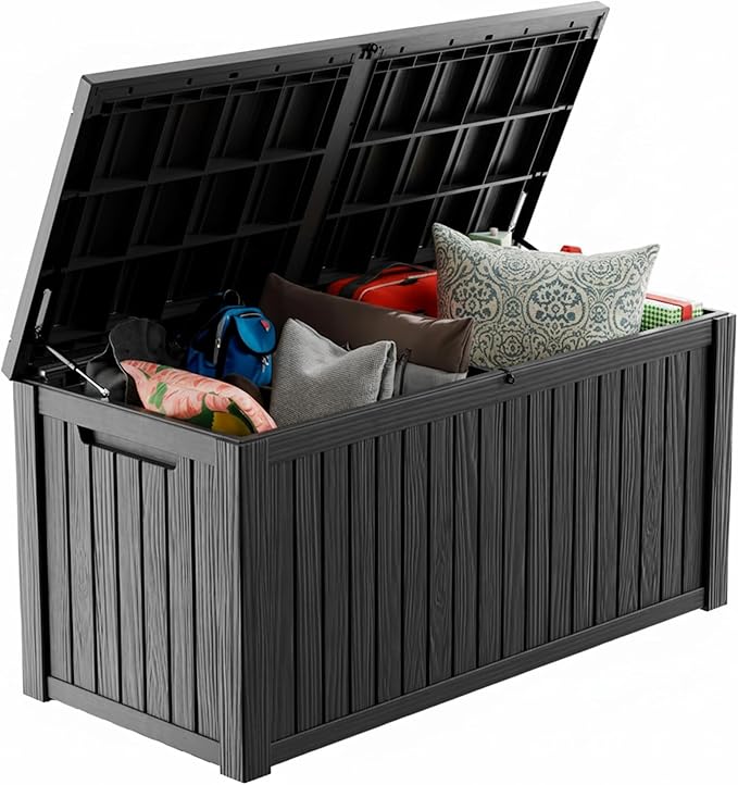PatioZen 200 Gallon Deck Box,Resin Outdoor Storage Box with Lockable for Patio Furniture, Pool Accessories, Garden Tools Waterproof Outside Storage Box (Black)