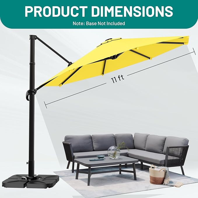 AreShark 11FT Round Cantilever Patio Umbrella with Base Included, 360° Rotation Offset Outdoor Umbrella, 5 Tilt Settings Heavy Duty Hanging Parasol for Deck Garden Pool, Yellow