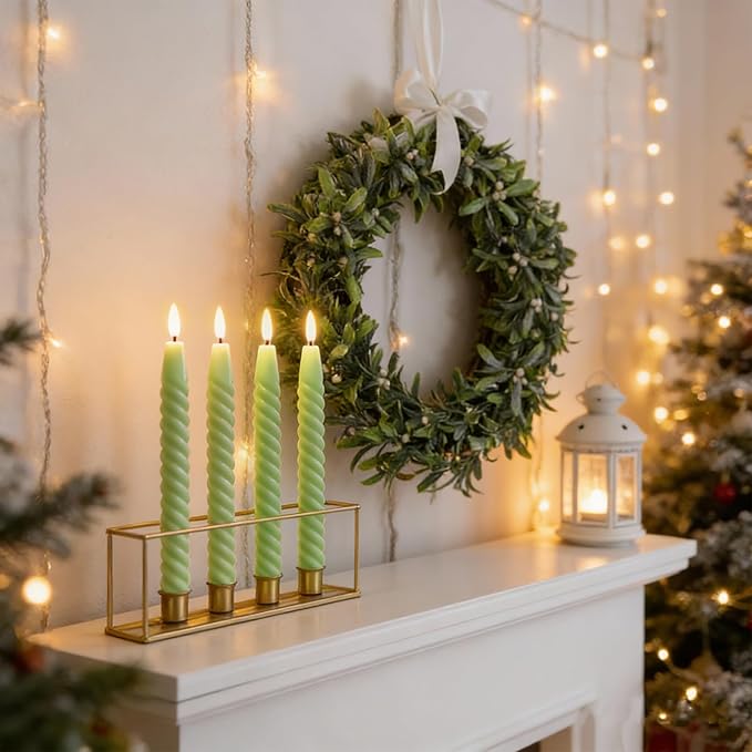 Flameless Taper Candles Real Wax Flickering with Remote Timer, Pastel Green 3D Wick LED Spiral Candles Battery Operated 6 Pack 9.8 inch, Wedding Birthday Home Party Holiday Dinner Decor