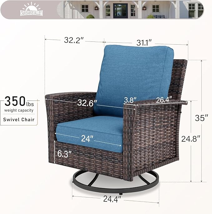 Patio Wicker Swivel Chairs Set of 2, Outdoor High Back Chairs with 5.5" Waterproof Cushions, Outdoor Furniture Set for Deck Porch and Yard, Blue