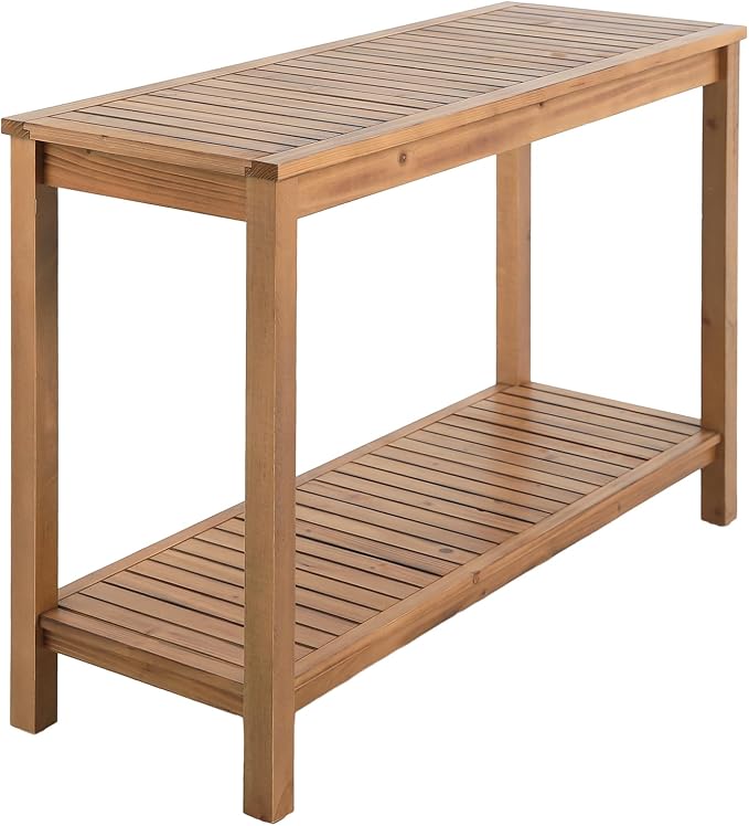 Patio Console Table 2 Shelf - 45'' Outdoor Rectangular Console Table Dining Table Long Bar Table Wooden for Backyard, Balcony, Poolside (Brown)