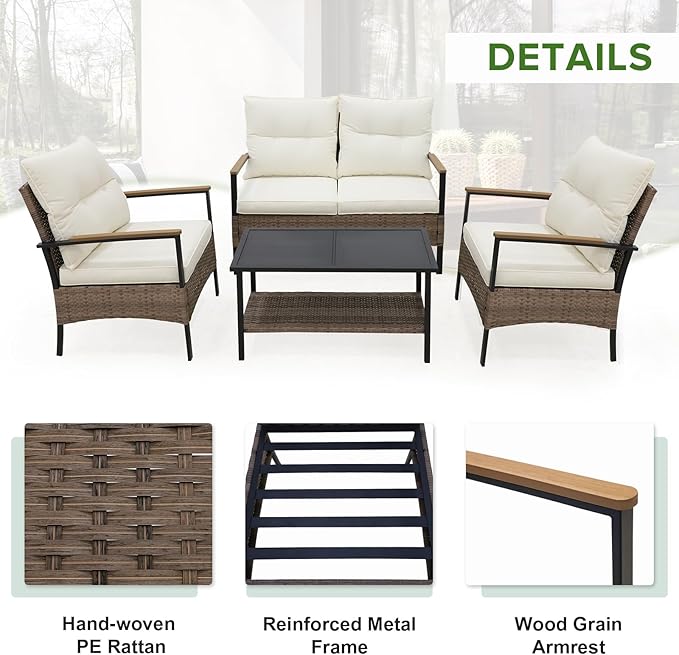 EAGLE PEAK 4 Piece Mojave Dusk Outdoor Conversation Set, Patio Wicker Furniture, Loveseat, 2 Patio Chairs and Coffee Table, Brown/Beige