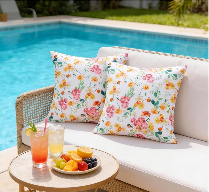 SquarePie Outdoor Pillow Covers 18x18 Inch Set of 2 - Waterproof Rose Square Cushion Covers for Patio Garden Furniture, Watercolor Florals Throw Pillow Cases for Couch Sofa Balcony Bench