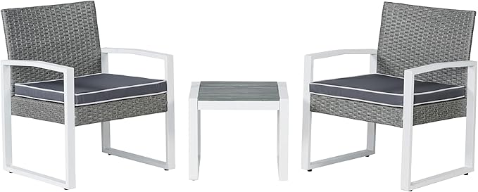 JONATHAN Y LVG1101A-3SET Selby 3-Piece Modern Coastal Faux Wicker Conversation Outdoor Patio Set Mid-Century, Classic, Contemporary, Traditional, Minimalist, White/Gray